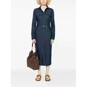 7 For All Mankind Luxe Denim Button‎ Front Shirtdress Long Sleeve Midi Dress S